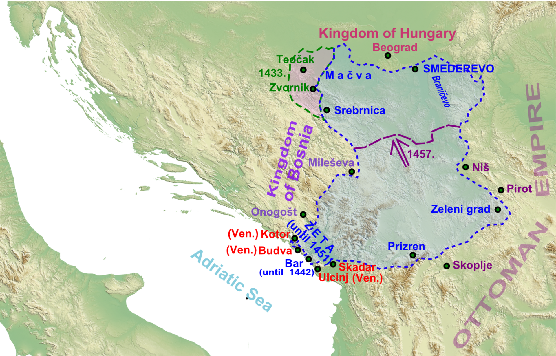 Historical map of medieval Serbia and neighboring Balkan territories with labeled cities and borders