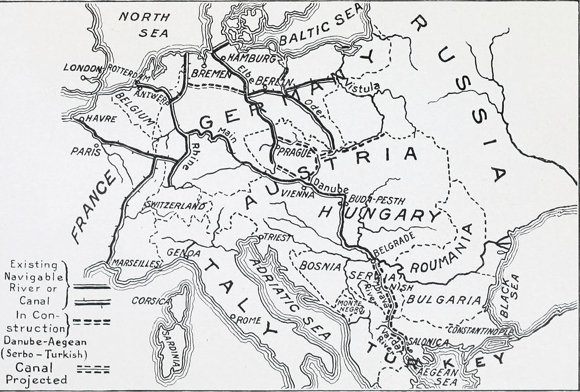 Black-and-white Europe map showing river routes, Serbia, and the Danube-Aegean canal project