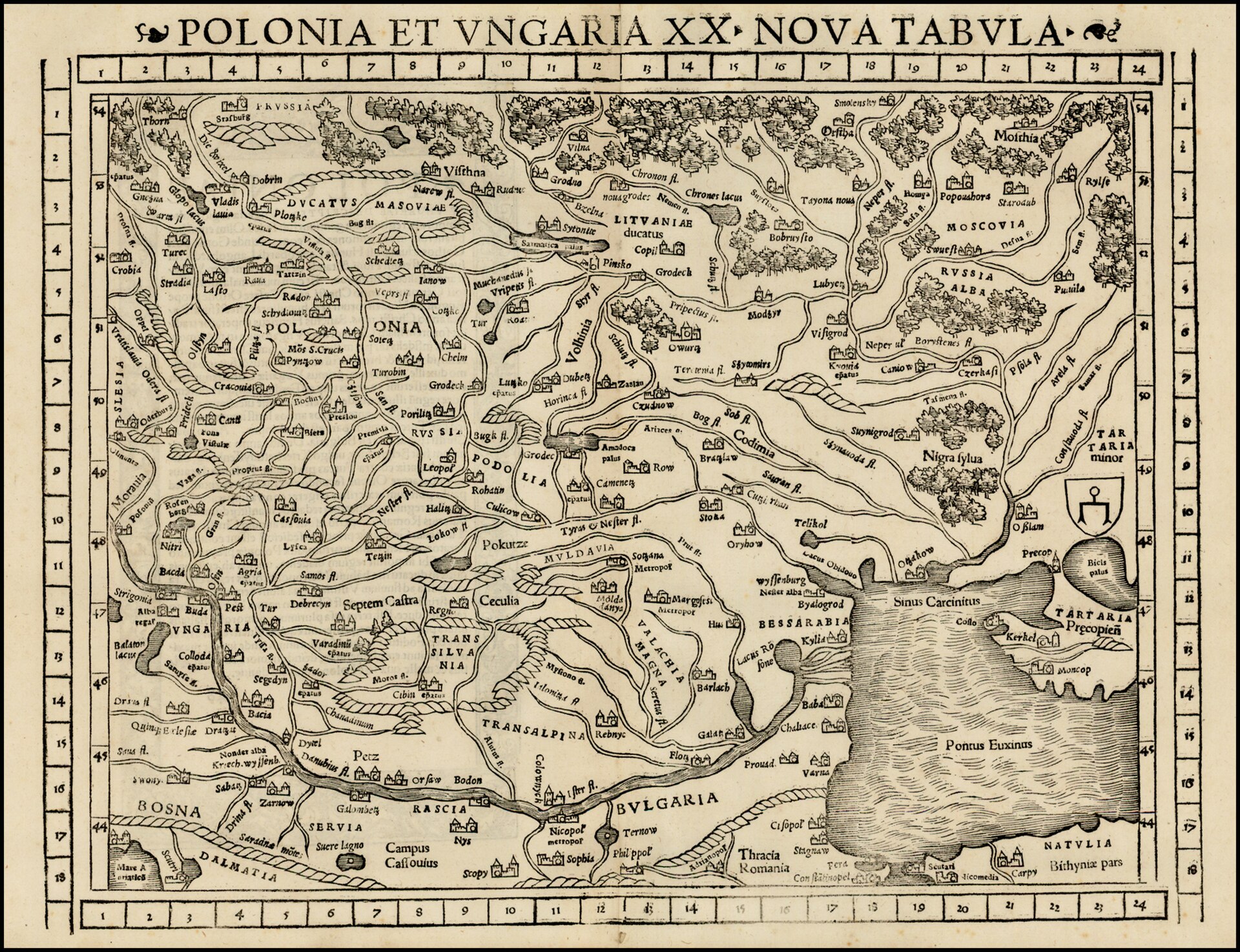 Antique black-and-white map of Poland and neighboring regions with labeled towns, rivers, and borders