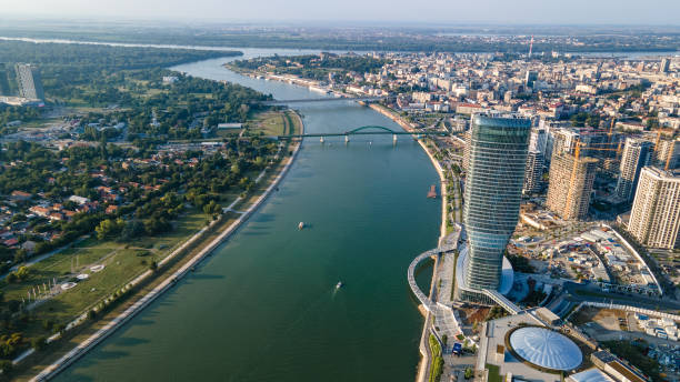 Aerial view of the Sava River, bridges, and modern high-rises at Belgrade Waterfront