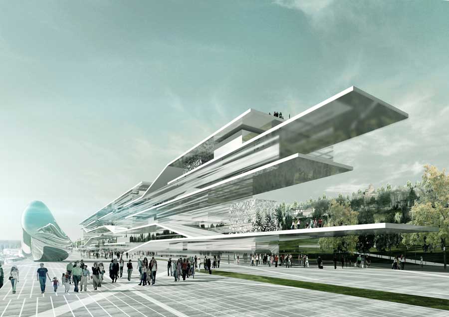 Futuristic layered riverside complex with crowds walking at Beton Hala, Belgrade