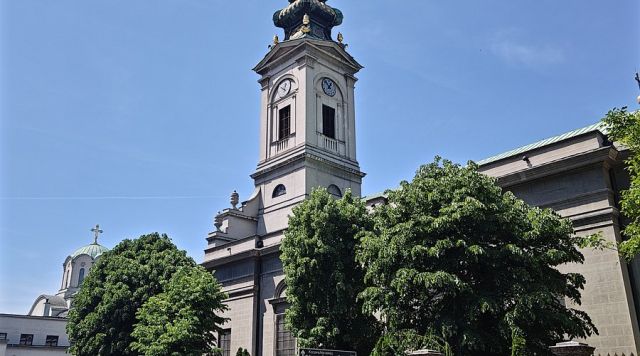 Neoclassical facade and baroque bell tower of the Cathedral of St. Michael, Belgrade