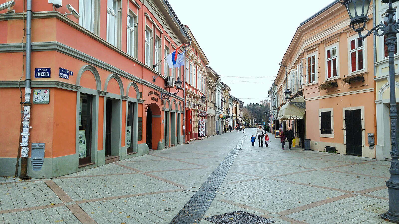 Pedestrian street lined with pastel historic buildings and flags near Dunavski Park, Novi Sad