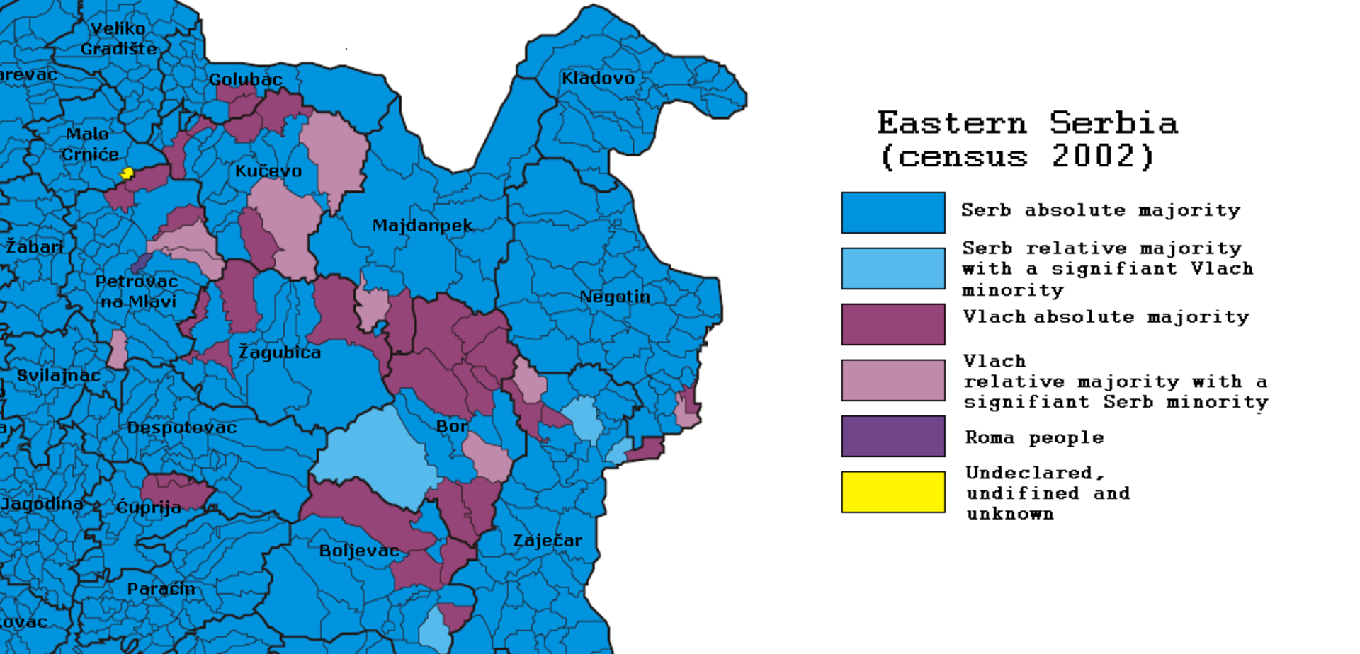Census map of Eastern Serbia showing municipal ethnic majority patterns in blue, purple, and yellow