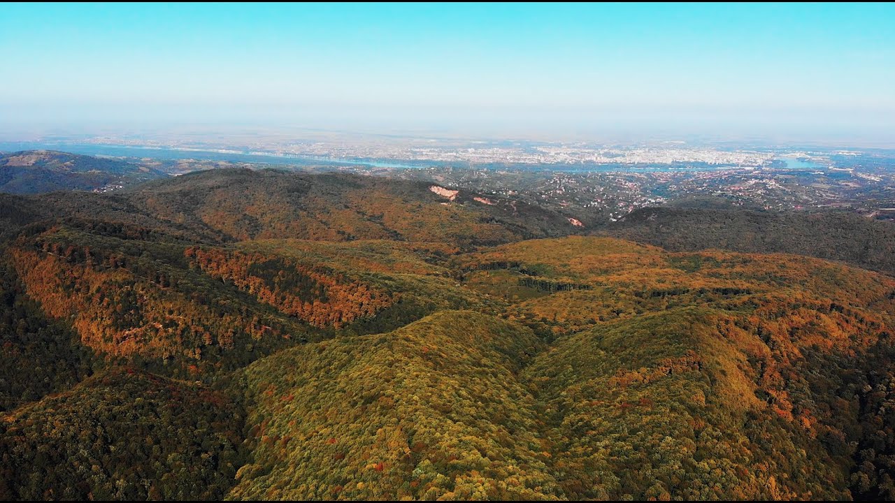 Forested hills in Fruska Gora National Park overlooking a distant city and river plain