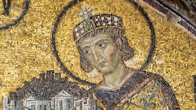 Mosaic portrait with a halo on a gold background at Imperial Palace of Sirmium