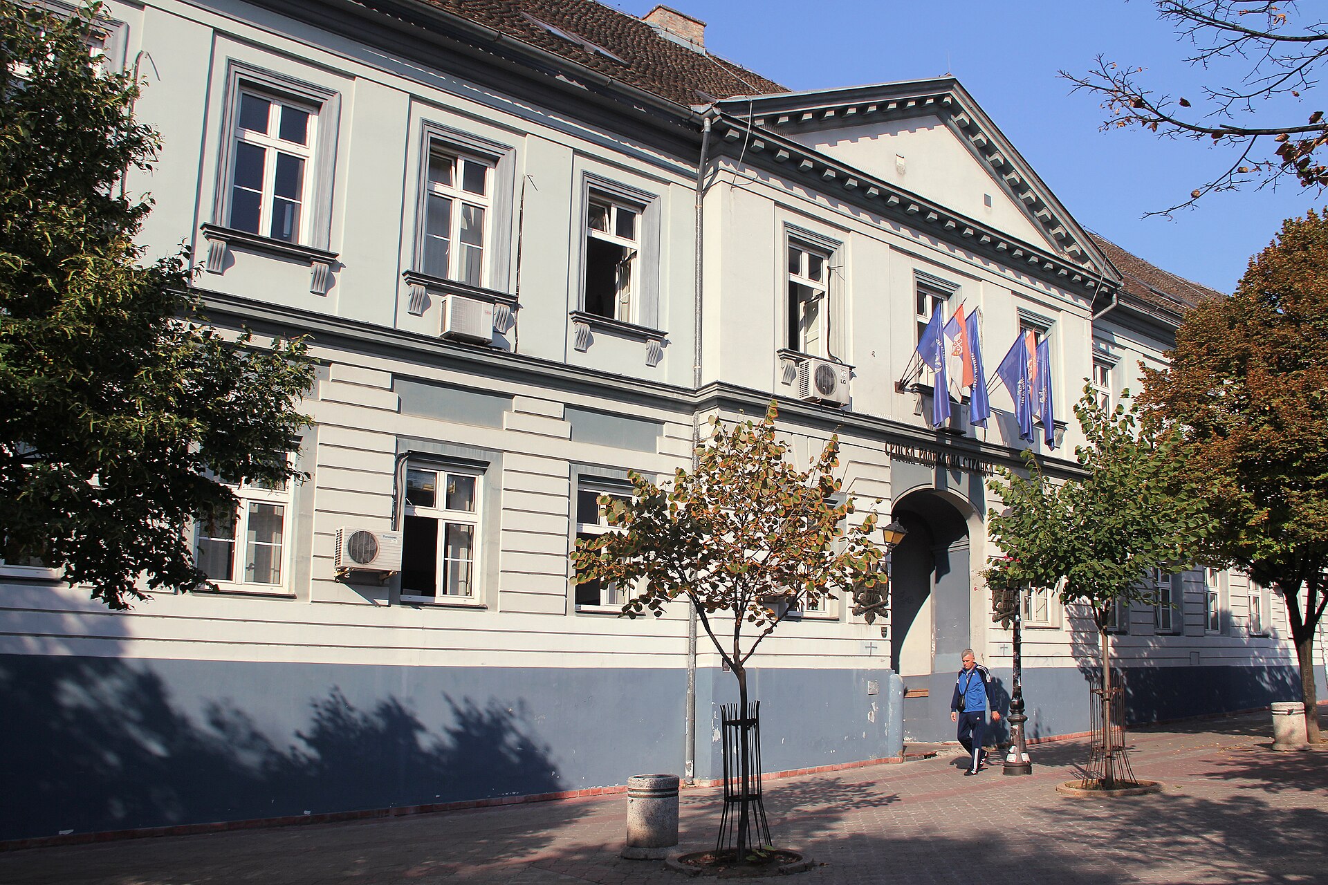 Pale municipal building with flags and trees along a paved street in Zemun