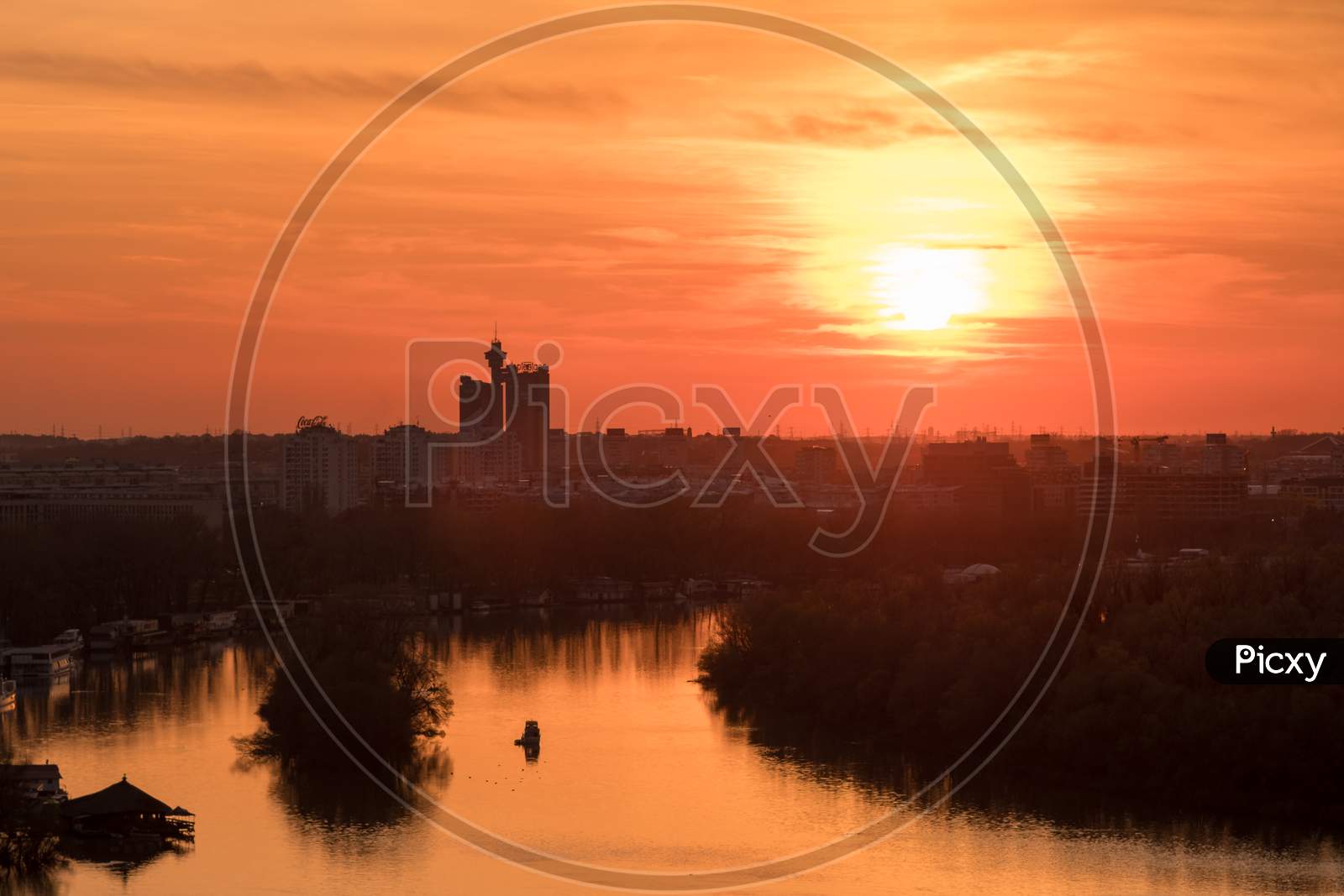 Sunset over the river with Belgrade skyline viewed from Kalemegdan Fortress