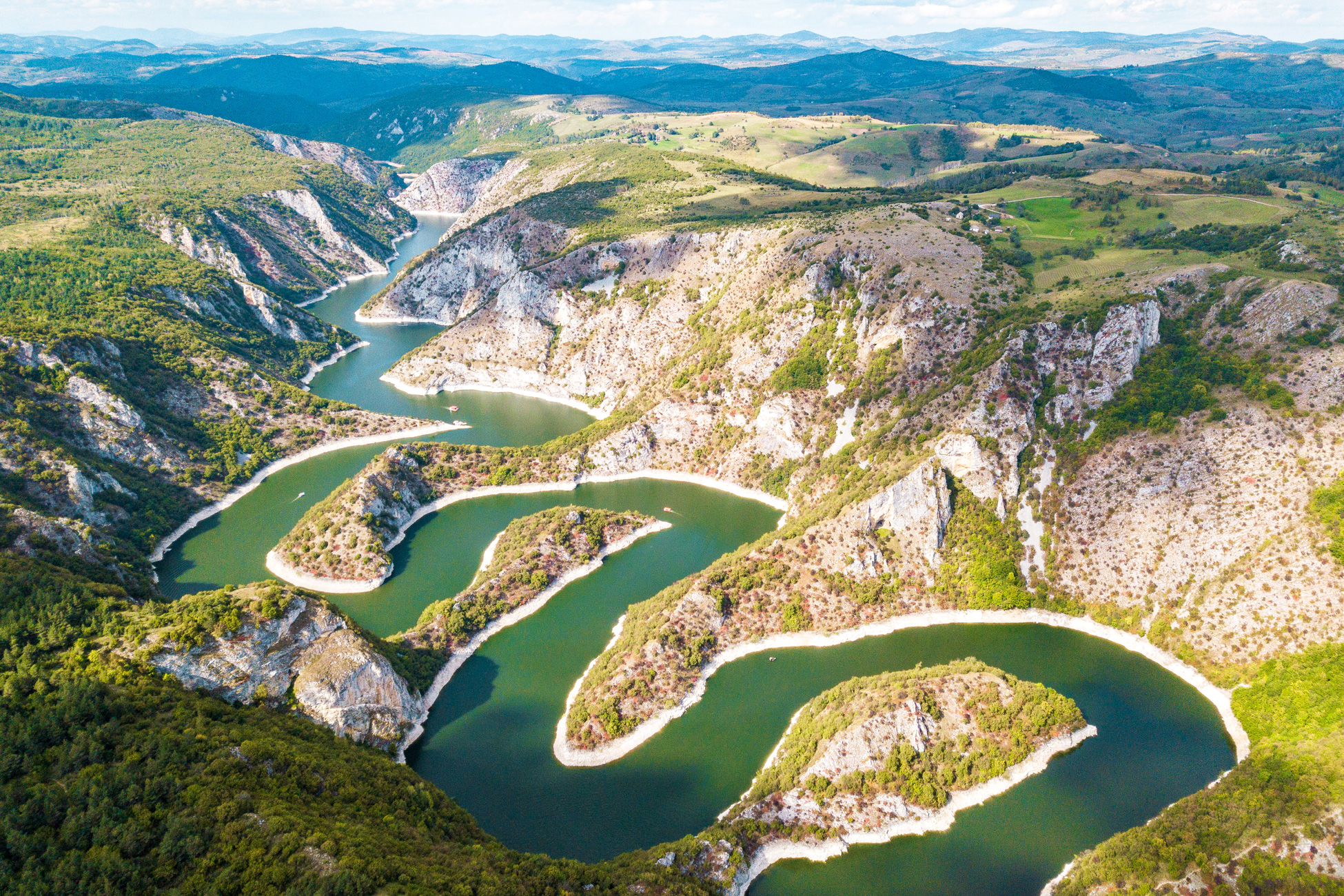 Aerial view of the Danube winding through a rocky gorge in eastern Serbia