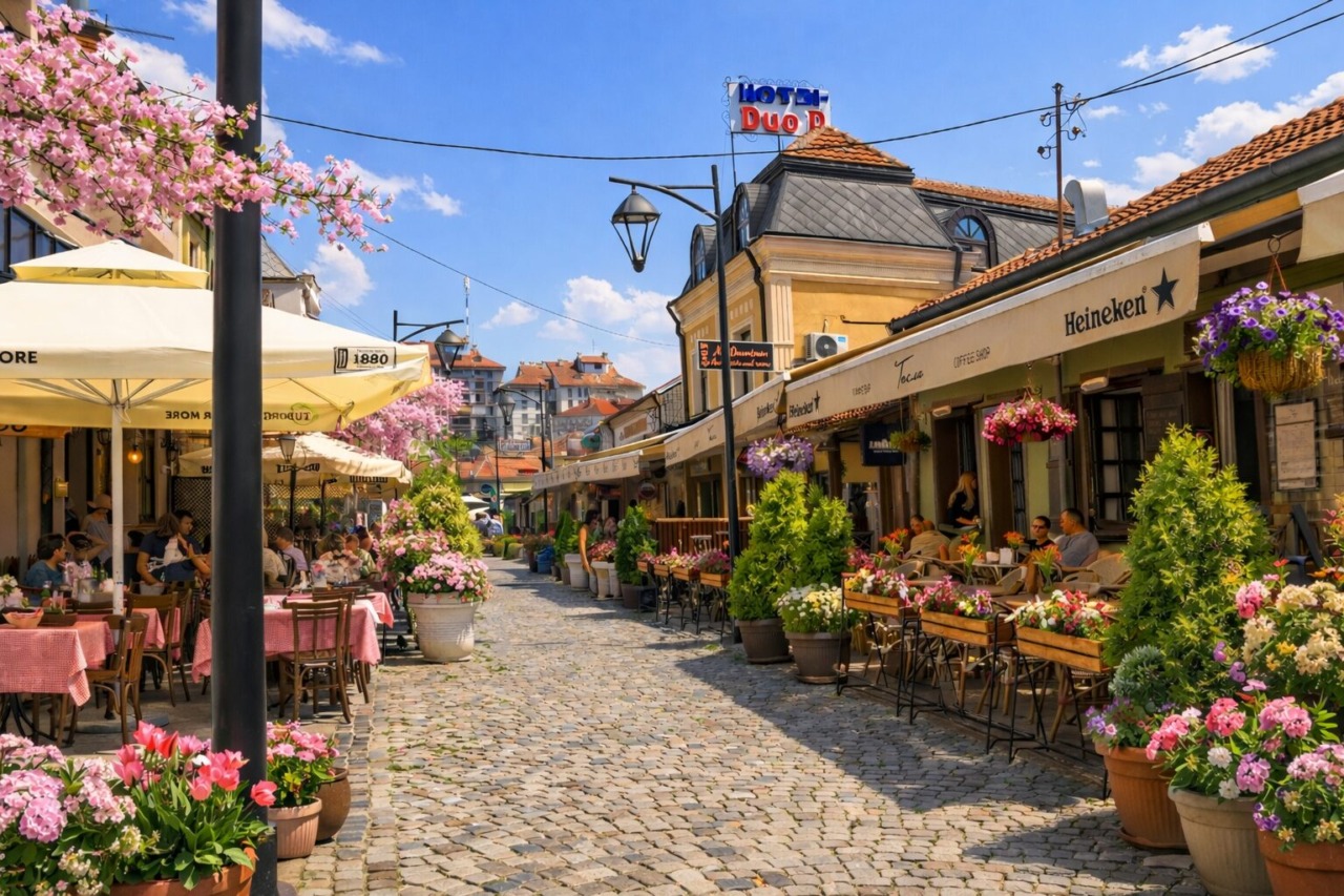 Cobblestone pedestrian street with cafés, hanging flowers, and outdoor seating in Niš and Stara Planina