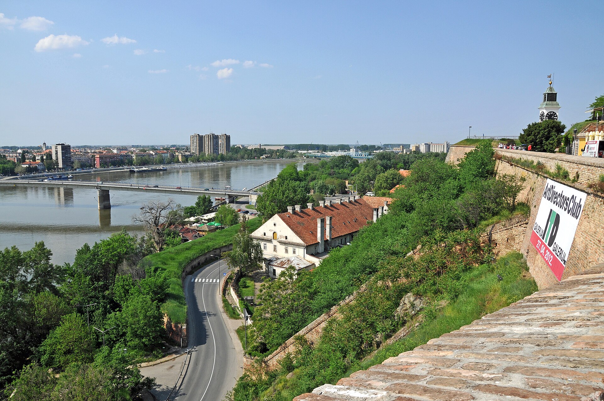 Petrovaradin Fortress with clock tower above ramparts, overlooking the Danube and Novi Sad