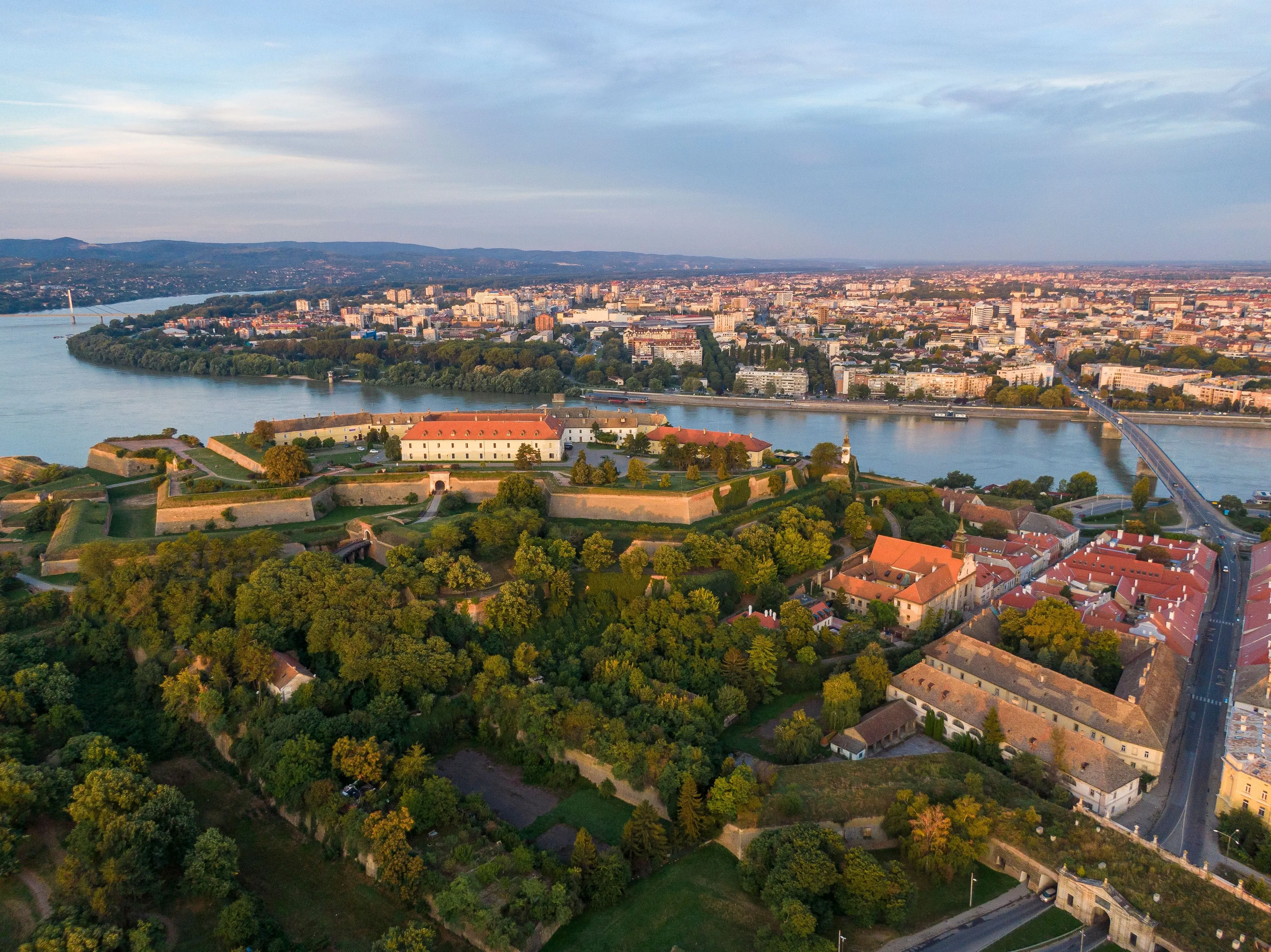 Aerial view of Petrovaradin Fortress above the Danube and Novi Sad skyline