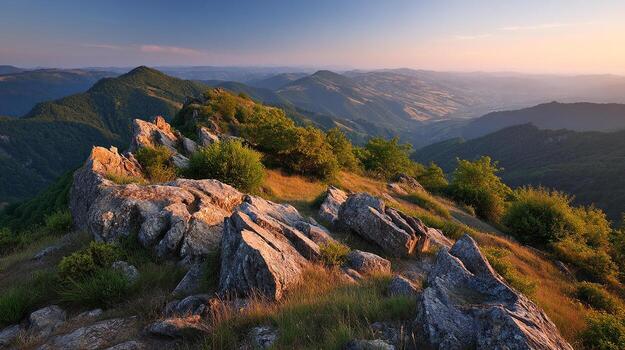 Rocky ridge with grass and distant mountain layers at sunset in Serbia