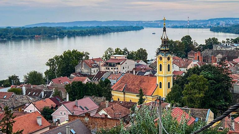 Belgrade skyline with the Sava and Danube rivers and Kalemegdan Fortress