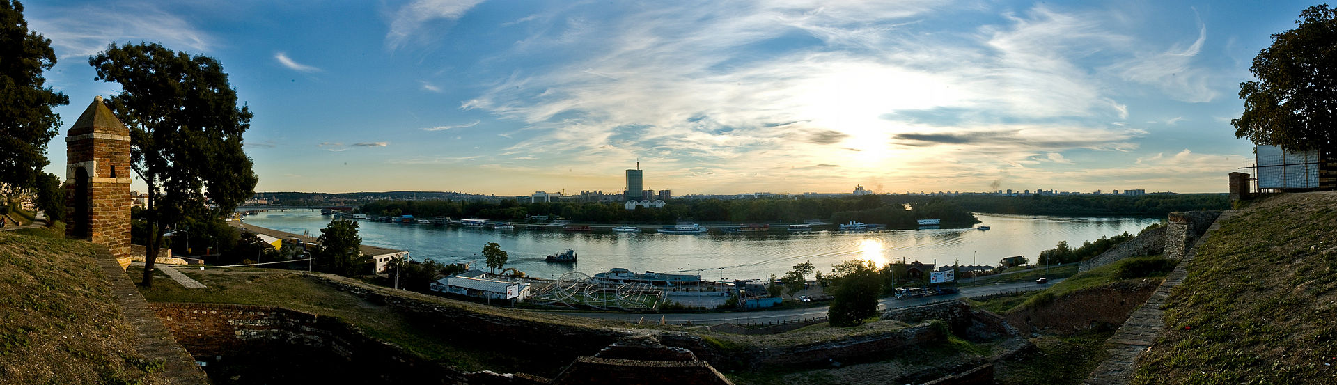 Panoramic view from Kalemegdan over the Sava and Danube rivers in Belgrade, Serbia