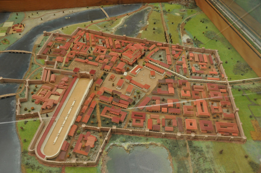 Scale model of the Roman Sirmium complex with walls, streets, buildings, and surrounding waterways in Sremska Mitrovica