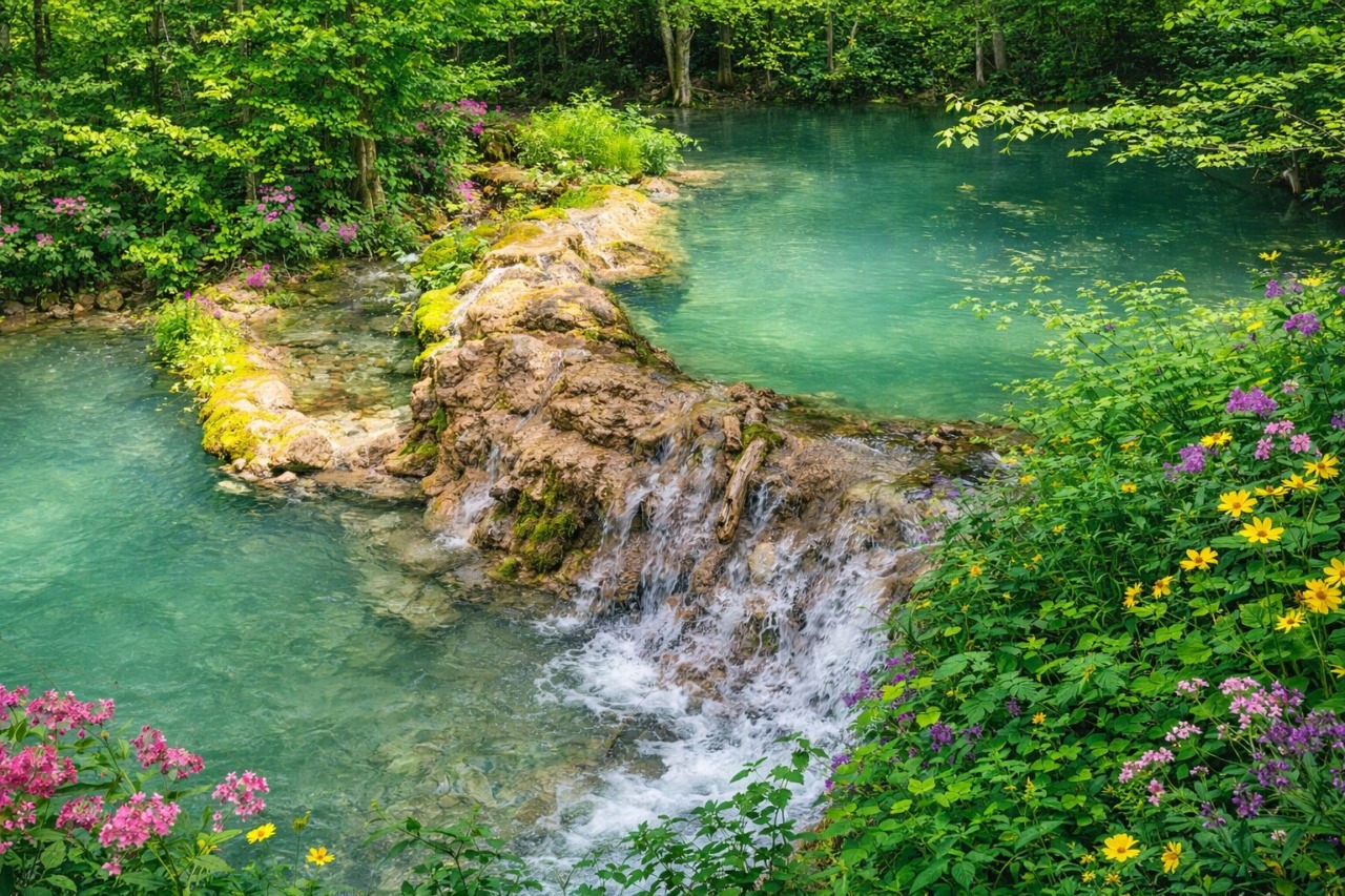 Turquoise spring water cascading over rocks beside dense forest and wildflowers in Stara Planina