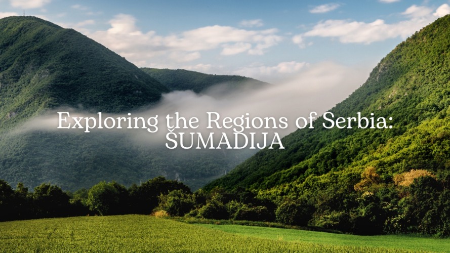 Green mountains with mist drifting through a valley and meadow in Šumadija, Serbia
