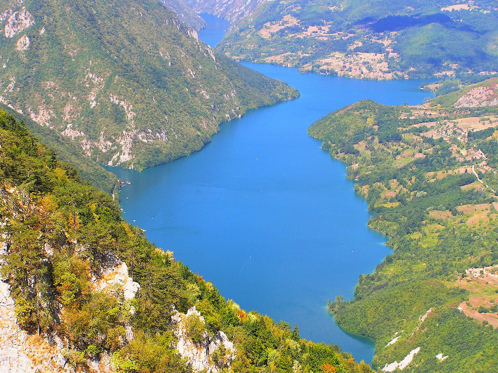 Wide river valley in Tara National Park with blue water, forested slopes, and patchwork farmland