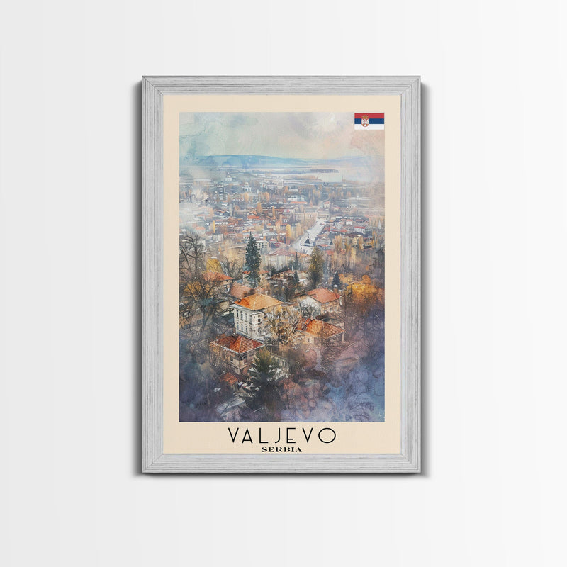 Framed Valjevo poster with a painted cityscape, rooftops, trees, and distant hills