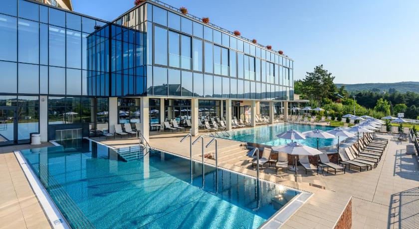 Glass-fronted spa building with outdoor swimming pools, sun loungers, and umbrellas in Vrdnik Spa
