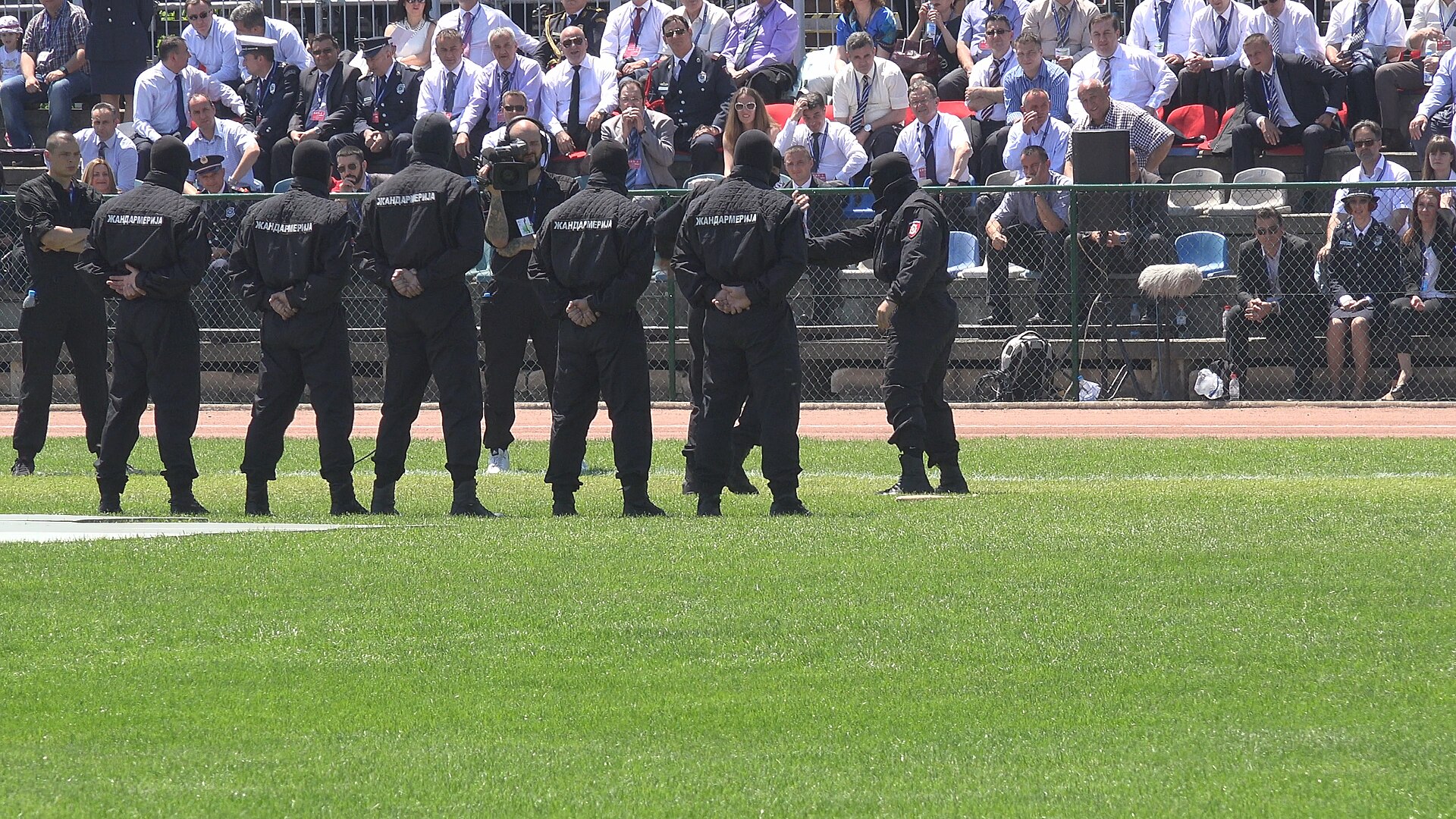 Gendarmerie officers stand on a grass field in front of stadium seating in Western Serbia