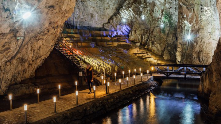 Stopića Cave interior with waterfalls