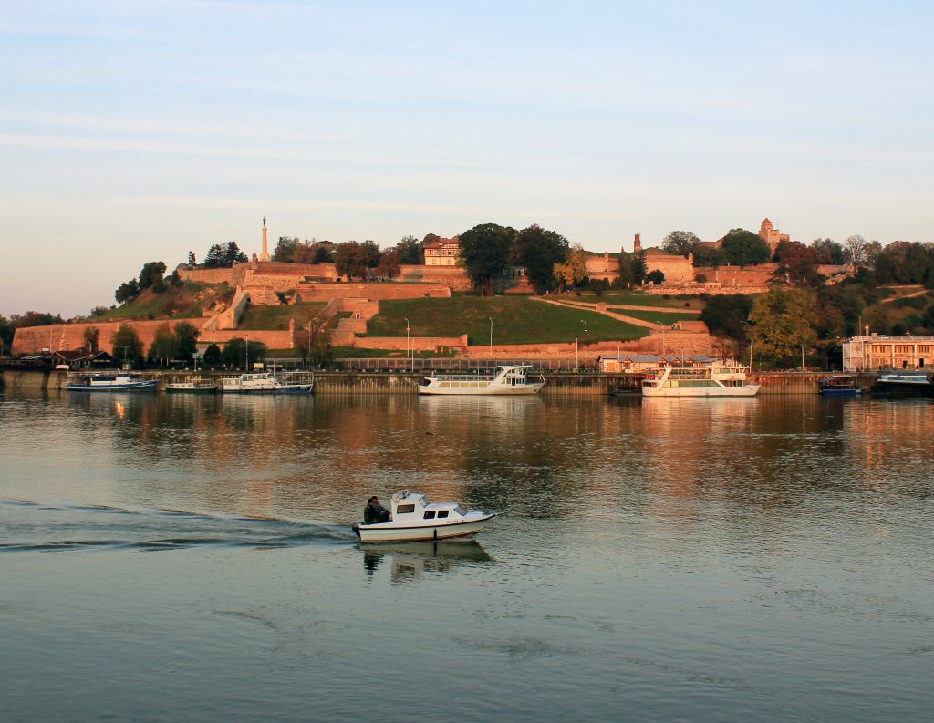 Kalemegdan Fortress over the Sava–Danube confluence at sunset, Belgrade