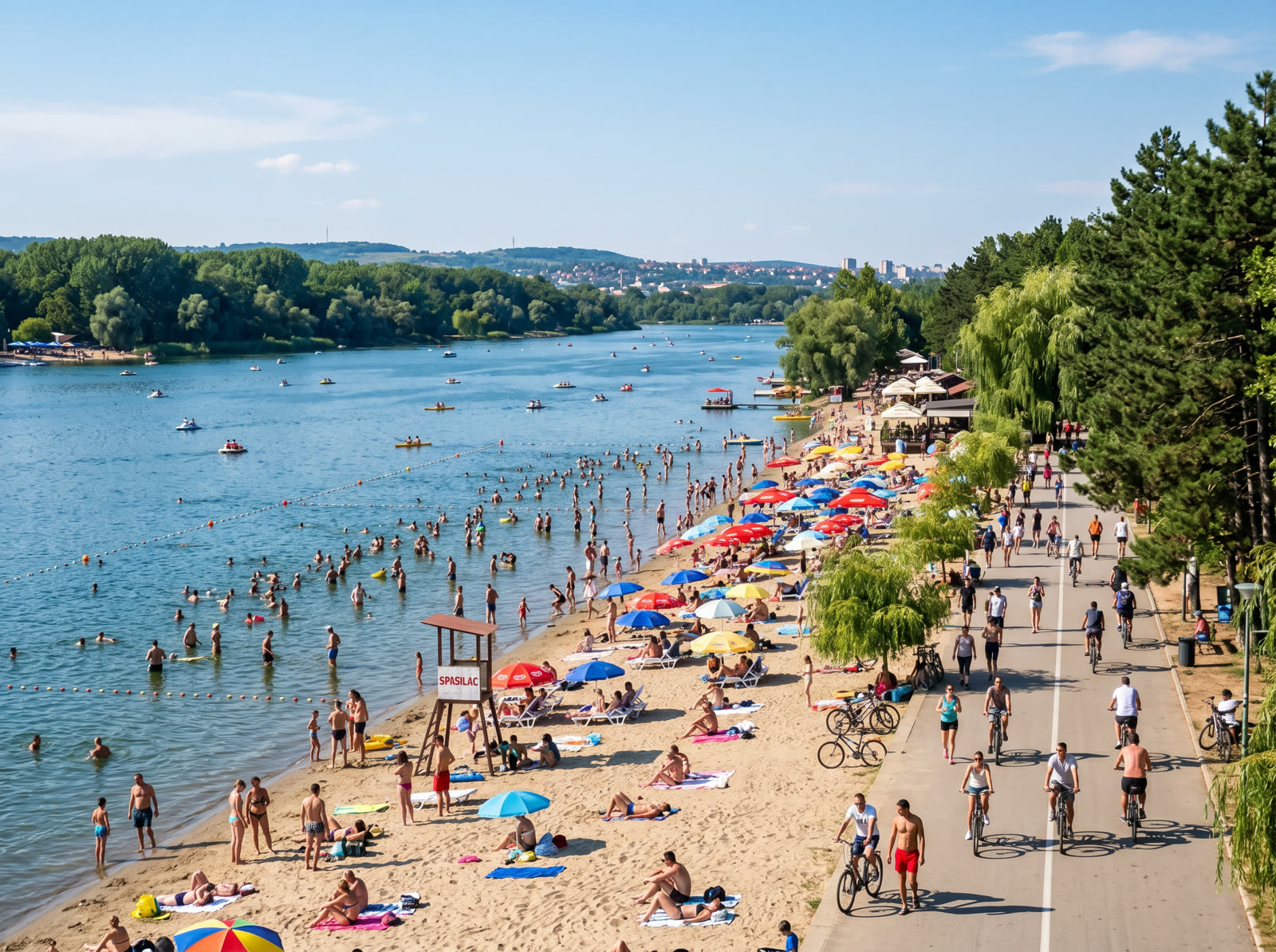Ada Ciganlija lake beach with swimmers and bike path in summer, Belgrade