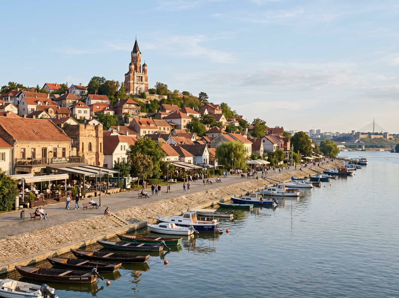 Zemun riverfront houses and Gardoš Tower along the Danube in Belgrade
