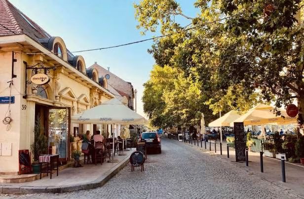 Cobblestone street with cafes, umbrellas, and trees in Zemun