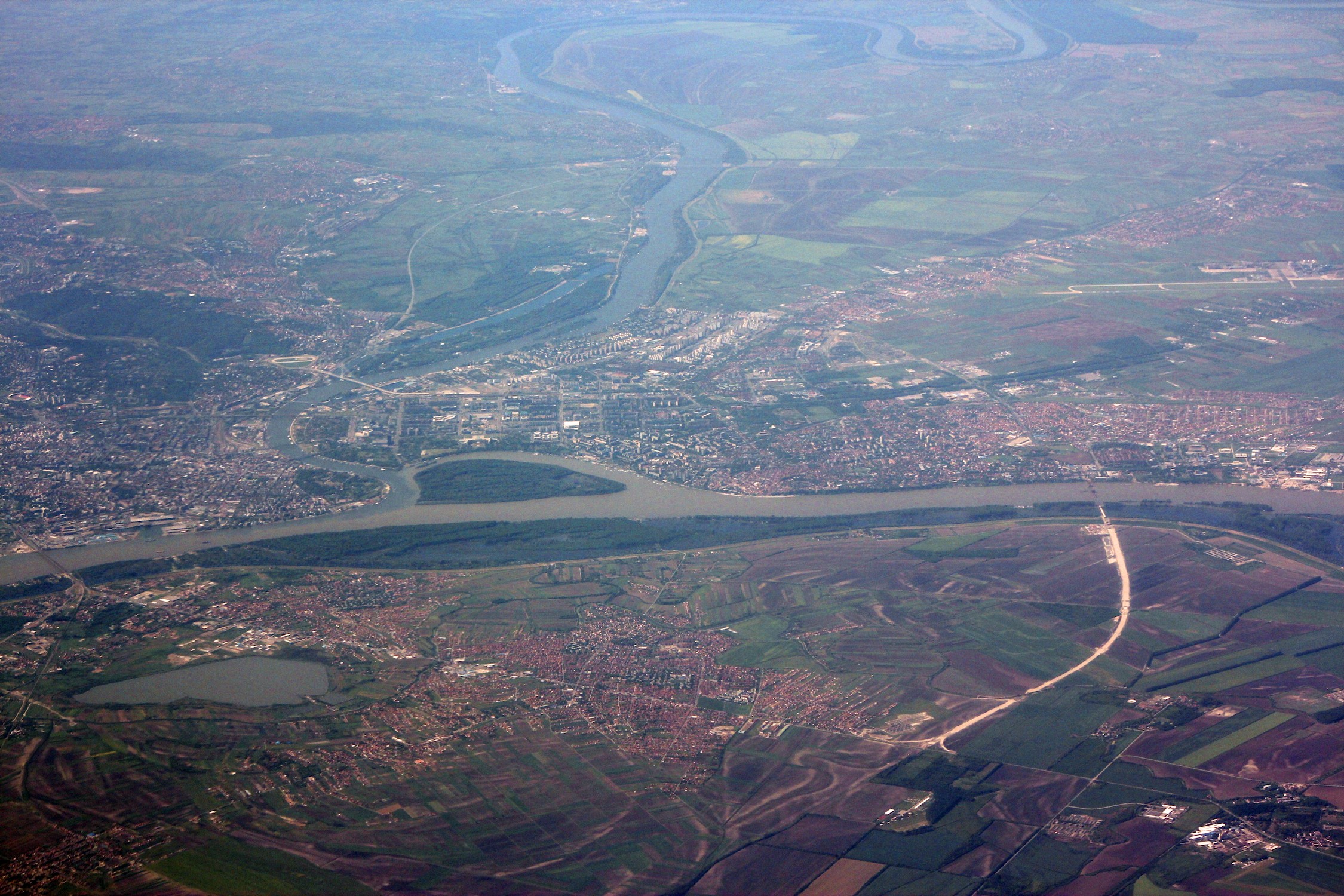 Aerial view of Zemun district in Belgrade with the Sava River confluence with the Danube