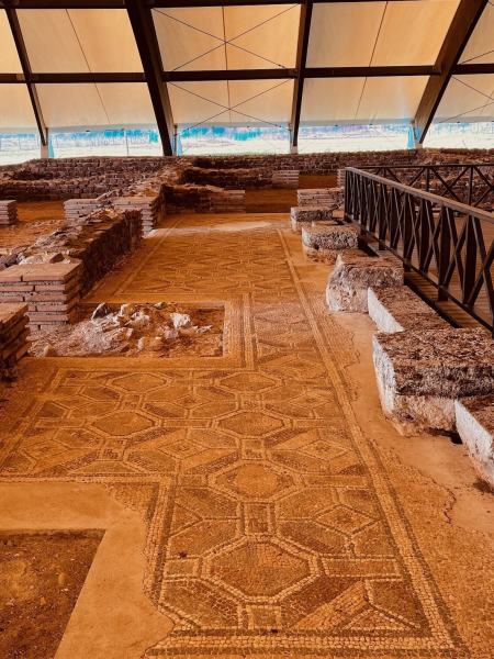 Shelter protecting preserved Roman mosaics at Mediana